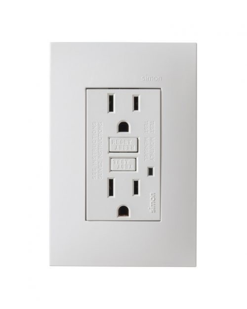 TOMA DE CORRIENTE DUPLEX FALLA A TIERRA ICFT CON CHASIS Y CON PLACA BLANCO | Simon 25 | CODIGO 25425-60